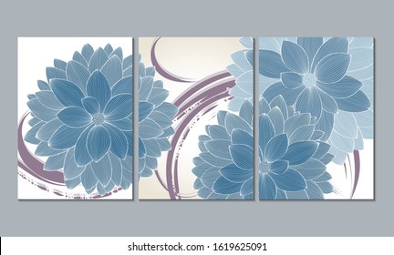 A set of 3 canvases for wall decoration in the living room, office, bedroom, kitchen, office. Home decor of the walls. Floral background with flowers of dahlias. Element for design. 