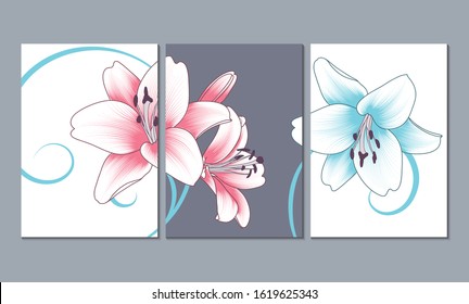 Set of 3 canvases for wall decoration in the living room, office, bedroom, kitchen, office. Home decor of the walls. Floral background with flowers of dahlias. Element for design. 