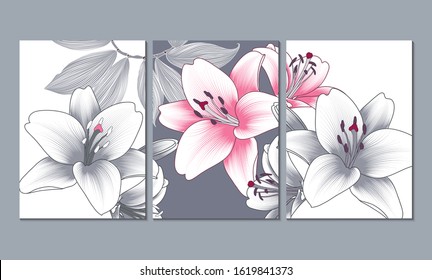 Set of 3 canvases for wall decoration in the living room, office, bedroom, kitchen, office. Home decor of the walls. Floral background with flowers of dahlias. Element for design. 