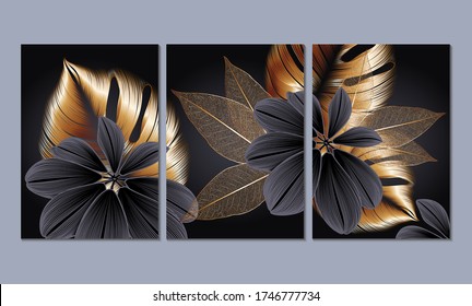 A set of 3 canvases for wall decoration in the living room, office, bedroom, kitchen, office. Home decor of the walls. Luxurious floral background with golden leaves monstera. Element for design.  - Shutterstock ID 1746777734