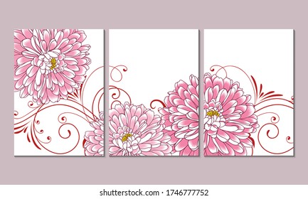 Un conjunto de 3 lienzos para la decoración de paredes en la sala de estar, oficina, dormitorio, cocina, oficina. Decoración casera de las paredes. Fondo floral con flores de crisantemo. Elemento para el diseño. 