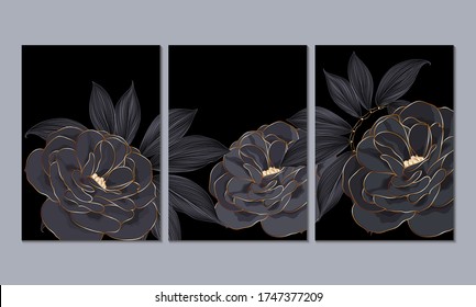 A set of 3 canvases for wall decoration in the living room, office, bedroom, kitchen, office. Home decor of the walls. Luxurious floral background with golden flowers roses. Element for design. 