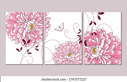 A set of 3 canvases for wall decoration in the living room, office, bedroom, kitchen, office. Home decor of the walls. Floral background with flowers of chrysanthemum. Element for design. 