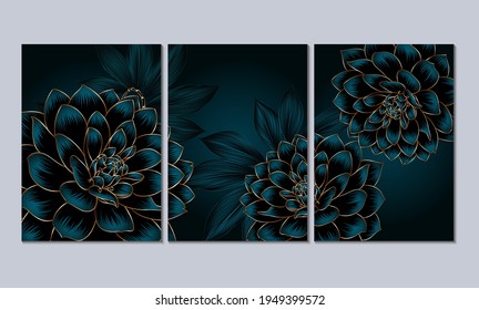 A set of 3 canvases for wall decoration in the living room, office, bedroom, kitchen, office. Home decor of the walls. Luxurious floral background with golden leaves and flower dahlia.