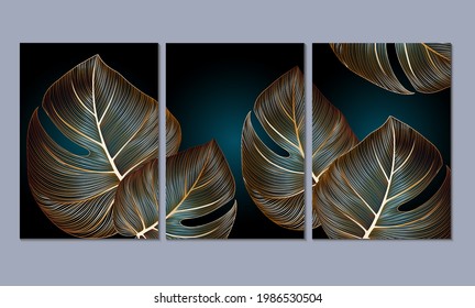 A set of 3 canvases for wall decoration in the living room, office, bedroom, kitchen, office. Home decor of the walls. Luxurious floral background with golden leaves monstera. Element for design. 