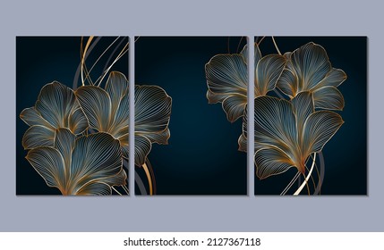 A set of 3 canvases for wall decoration in the living room, office, bedroom, kitchen, office. Home decor of the walls. Luxurious floral background with golden flower amaryllis. Element for design. 