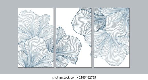 A set of 3 canvases for wall decoration in the living room, office, bedroom, kitchen, office. Home decor of the walls. Luxurious floral background with  flower amaryllis. Element for design. 