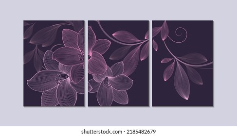 Set of 3 canvases for wall decoration in the living room, office, bedroom, kitchen, office. Home decor of the walls. Floral background with flowers of lily. Element for design. 
