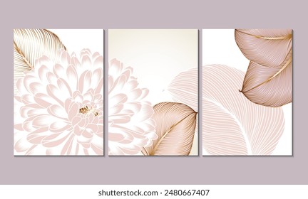 Set of 3 canvases for wall decoration in the living room, office, bedroom, kitchen, office. Home decor of the walls. Luxurious floral background with golden flower chrysanthemum . Element for design. 
