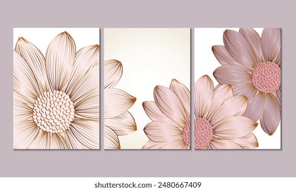 Set of 3 canvases for wall decoration in the living room, office, bedroom, kitchen, office. Home decor of the walls. Luxurious floral background with golden flower chamomile . Element for design. 