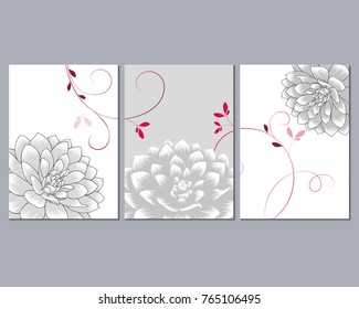 A set of 3 canvases for wall decoration in the living room, office, bedroom, kitchen, office. Home decor of the walls. Floral background with flowers of dahlias. Element for design. 