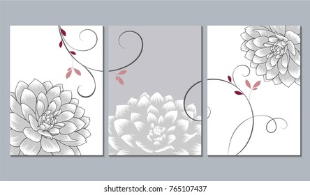 A set of 3 canvases for wall decoration in the living room, office, bedroom, kitchen, office. Home decor of the walls. Floral background with flowers of dahlias. Element for design. 