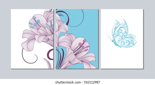 A set of 3 canvases for wall decoration in the living room, office, bedroom, kitchen, office. Home decor of the walls. Floral background with flowers of lily. Element for design. 