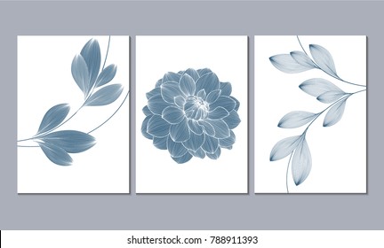  Set of 3 canvases for wall decoration in the living room, office, bedroom, kitchen, office. Home decor of the walls. Floral background with flowers of dahlias. Element for design. 