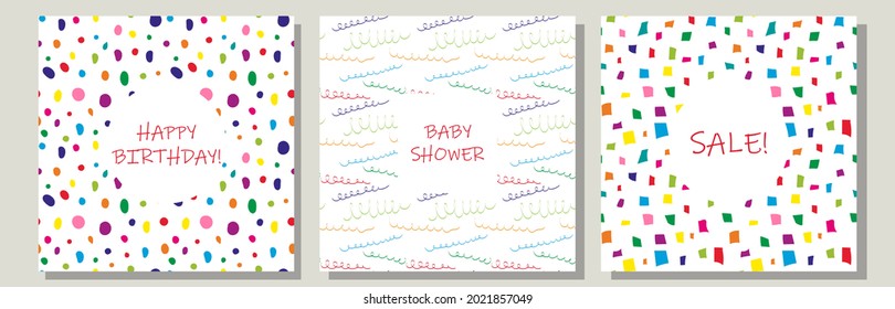 Set of 3 card with abstract hand drawn geometric simple minimalistic seamless pattern on white background. Multicolored polka dot circle texture. Vector illustration