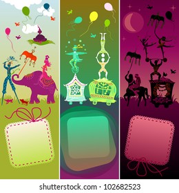 set of 3 card showing colorful circus caravan with magician, elephant, dancer, acrobat, mermaid and other fun characters