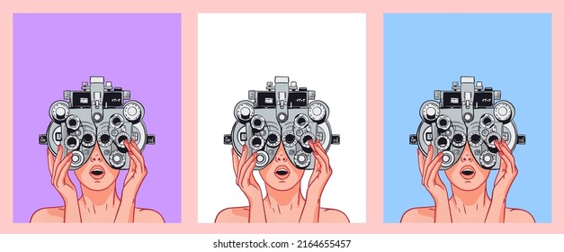 Satz von 3 Karten. Abstraktes Kartendesign.Ein Mädchen überprüft und behandelt ihr Sehvermögen bei einem Augenarzt