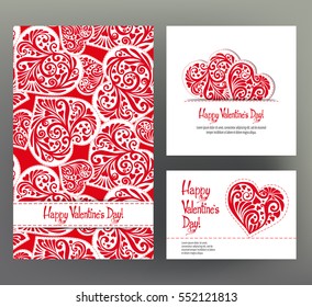 Set of 3 cards or banners for Valentine's Day with ornate red love hearts and beautiful design elements and inscriptions. Stock vector.