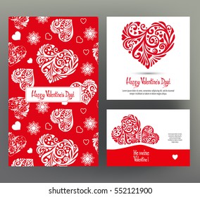 Set of 3 cards or banners for Valentine's Day with ornate red love hearts and beautiful design elements and inscriptions. Stock vector.