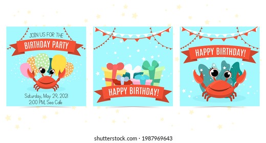 A set of 3 cards for children's birthday with a cartoon crab and big gifts. Postcards with flags, stars and trending leaves on a blue background.