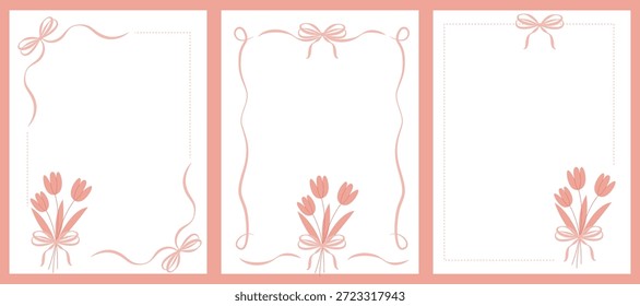 A set of 3 cards in a cute romantic style with a bouquet of tulips and a bow. Vertical cards. 