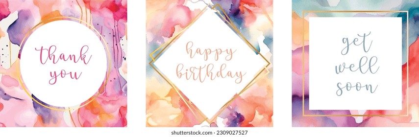 A set of 3 cards with delicate and elegantwatercolor background. Text can be used as it is or can be easily replaced.
Perfect for cards, invitations, but also social posts.