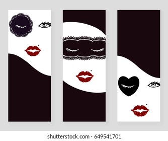 Set of 3 cards or flyers with place for text.fashion girl faces in mask. Pretty blindfolded face eyes closed black lace red lips beauty spot.
