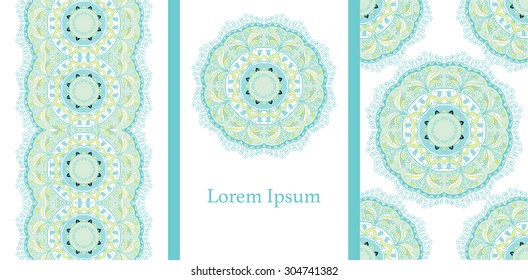 Set of 3 cards or invitations with mandala. Hand-drawn highly detailed round elements. Vector vintage decorative elements. Islam, Arabic, Indian, Turkish, Ottoman, Pakistan motifs.