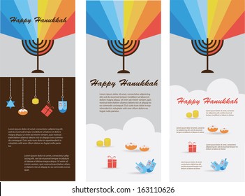 set of 3 cards with jewish hanukkah holiday infographics