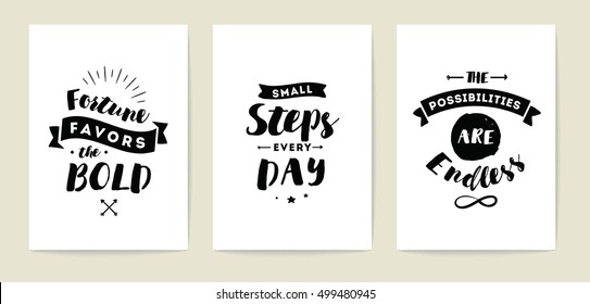 Set of 3 cards or posters with typography. Usable as flyer, banner or postcard. Vector lettering design. Scrapbooking or journaling cards with quotes.