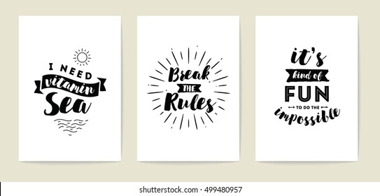 Set of 3 cards or posters with typography. Usable as flyer, banner or postcard. Vector lettering design. Scrapbooking or journaling cards with quotes.