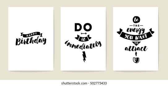 Set of 3 cards or posters with typography. Usable as flyer, banner or postcard. Vector lettering design. Scrapbooking or journaling cards with quotes.