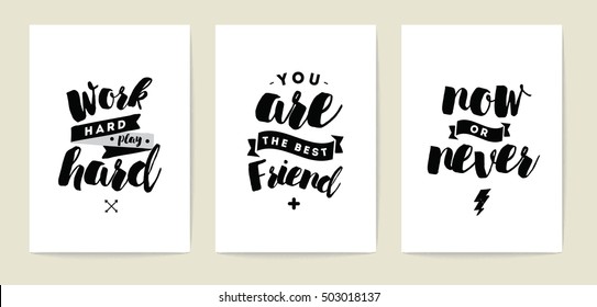 Set of 3 cards or posters with typography. Usable as flyer, banner or postcard. Vector lettering design. Scrapbooking or journaling cards with quotes.