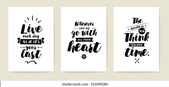 Set of 3 cards or posters with typography. Usable as flyer, banner or postcard. Vector lettering design. Scrapbooking or journaling cards with quotes.
