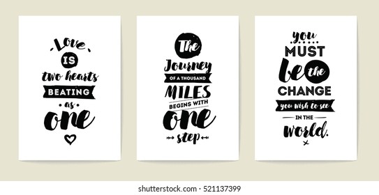 Set of 3 cards or posters with typography. Usable as flyer, banner or postcard. Vector lettering design. Scrapbooking or journaling cards with quotes.