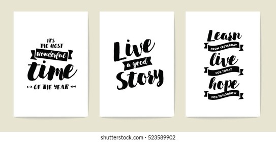 Set of 3 cards or posters with typography. Usable as flyer, banner or postcard. Vector lettering design. Scrapbooking or journaling cards with quotes.