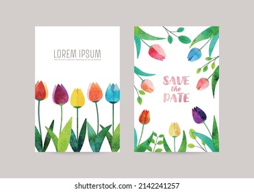 Set of 3 cards with tulip illustration, for greeting, invitation, flyer, poster