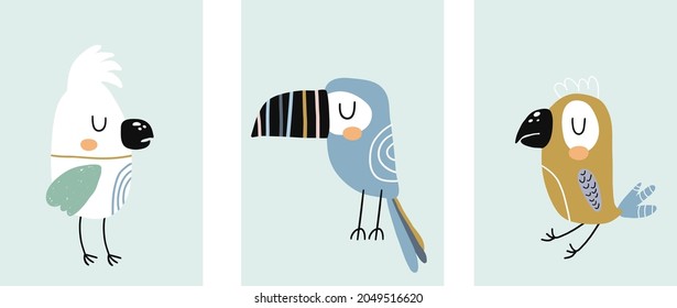 Set of 3 cartoon birds poster. Nursery decoration cute toucan, parrot. Ready to use wall art. Vector illustration