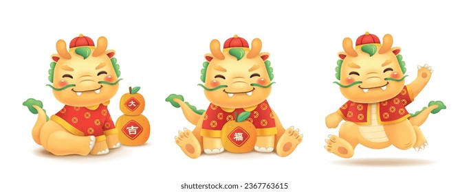 Set of 3 cartoon character dragon design for Chinese new year 2024, year of the dragon.  Chinese translation: Good luck, blessing