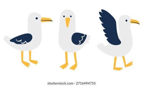 Conjunto de 3 dibujos animados dibujados a mano de pájaro de gaviota animal de color plano diseño de Plantilla de Ilustración vectorial