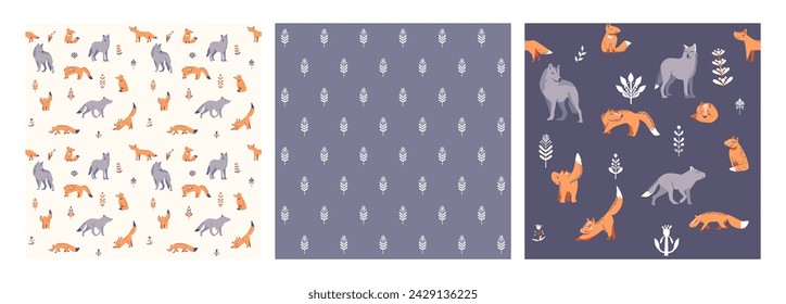 set of 3 cartoon patterns with foxes, wolves and twigs. Suitable for fabric, wallpaper, wrapping paper for children.