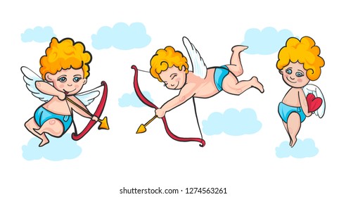 Set Of 3 Cartoon Style Illustration Of Cupid With Curly Hair And Wings