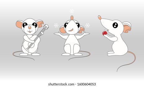 Set of 3 cartoon white mice . 2020 symbol