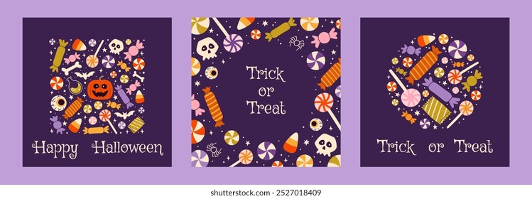 Set 3 celebration cards for Halloween. Trendy templates with flat illustrations and typography. Candies, pumpkin, skulls, lollipops on dark purple background.