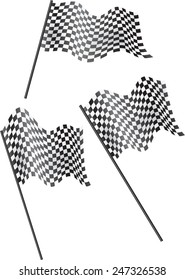 Set of 3 checked flags flying. Vector illustration. 