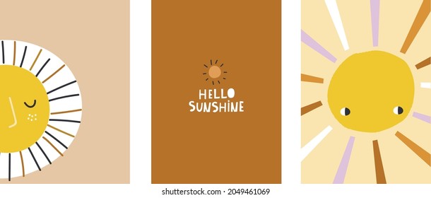 Set Of 3 Childish Nursery Prints. Ready Poster Design. Sun, Lettering. Vector Illustration