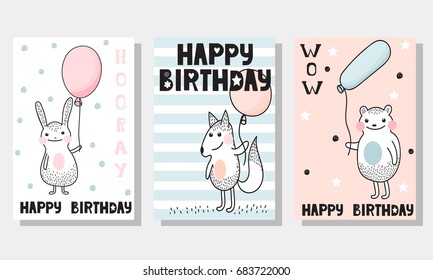 Set of 3 children's Birthday backgrounds with cute rabbit, fox and bear with balloons, and funny inscription "Happy Birthday".