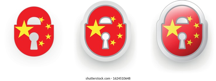 Set of 3 China vector labels - locked padlock, flat and volumetric style in flag colors red, yellow for flyer any holiday design or poster