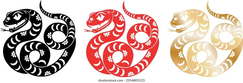 Set of 3 chinese snakes in black, red and gold color for chinese new year celebration 2025, year of the snake, zodiac sign