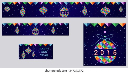 Set of 3 Christmas banner and header. Christmas balls made with colorful triangles, New year 2016. Holiday design for website, Christmas card, pattern fills, etc. Geometric pattern, vector